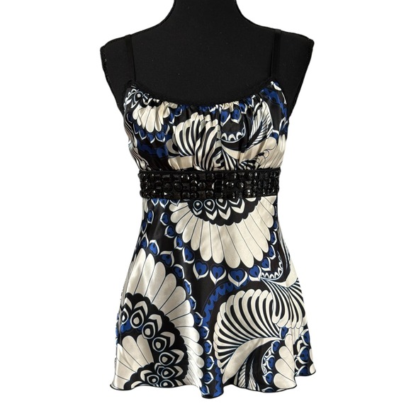 Heart Soul Tops - Y2K Satin Babydoll Bling Tie Back Blue Black Mod Print Top Sz M